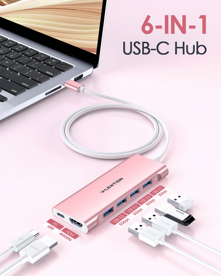 LENTION 6 in 1 Long Cable USB-C Hub with 4K HDMI, 4 USB 3.0, and PD (CB-C35H)