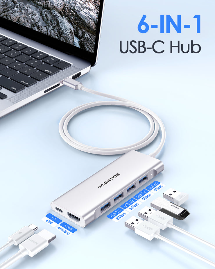 LENTION 6 in 1 Long Cable USB-C Hub with 4K HDMI, 4 USB 3.0, and PD (CB-C35H)