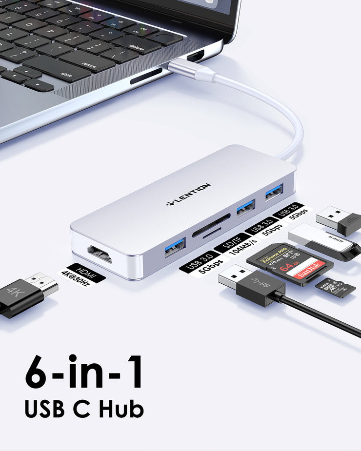 LENTION USB C Hub with 4K HDMI, 3 USB 3.0, SD/Micro SD Card Reader (CB-C18)