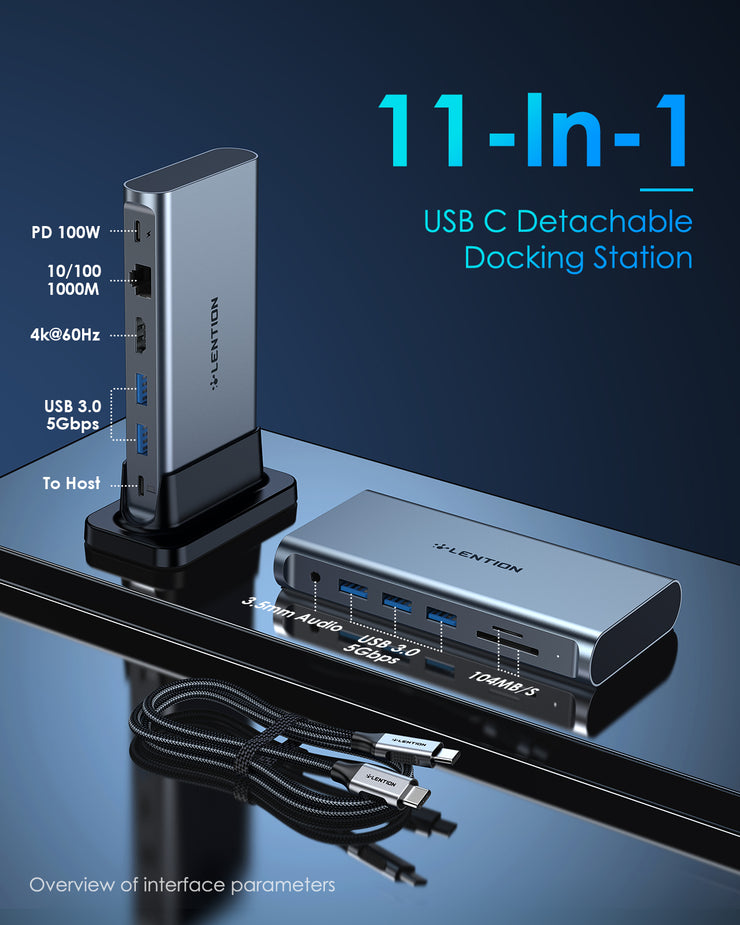 LENTION Long Cable 11 in 1 USB C Docking Station with 4K60Hz HDMI, Stable Driver Certified (CB-D54)