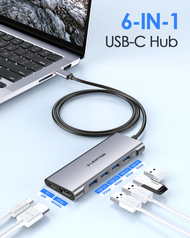 LENTION 6 in 1 Long Cable USB-C Hub with 4K HDMI, 4 USB 3.0, and PD (CB-C35H)