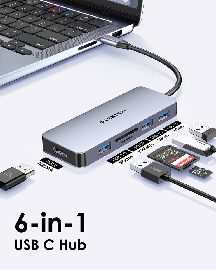 LENTION USB C Hub with 4K HDMI, 3 USB 3.0, SD/Micro SD Card Reader (CB-C18)