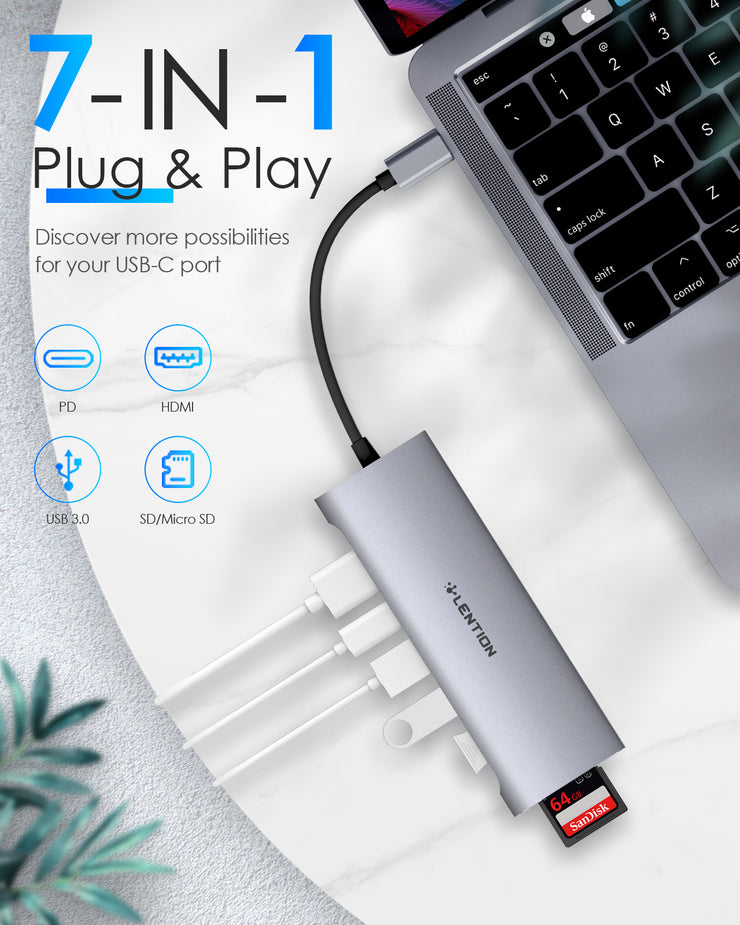 LENTION 7-in-1 USB C Hub with 4K HDMI and SD Card Reader More (CB-C36B)