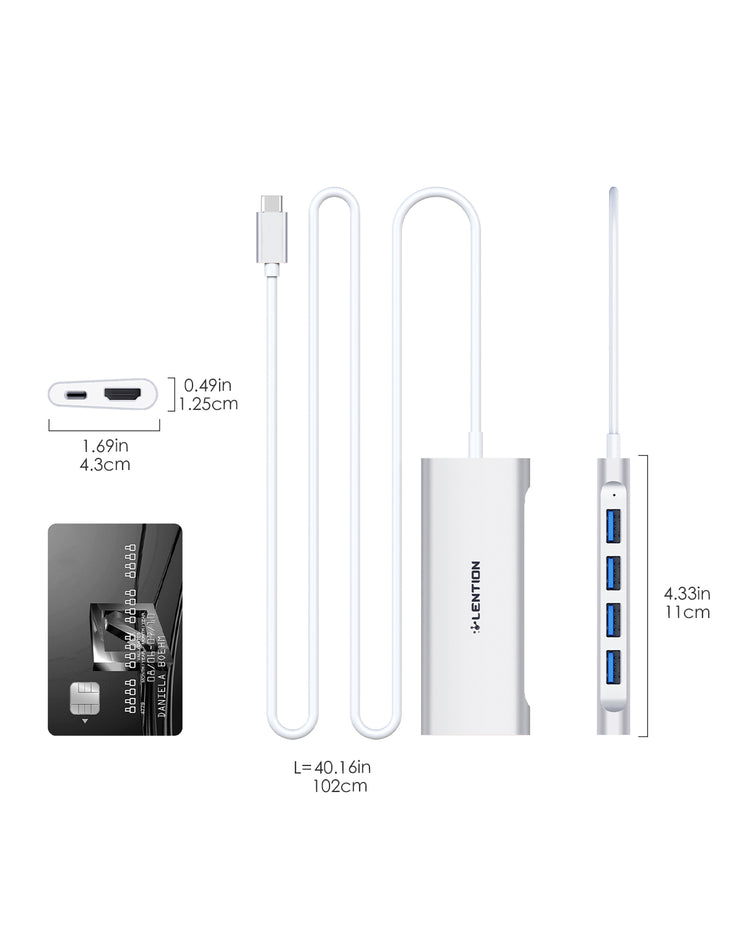 LENTION 6 in 1 Long Cable USB-C Hub with 4K HDMI, 4 USB 3.0, and PD (CB-C35H)