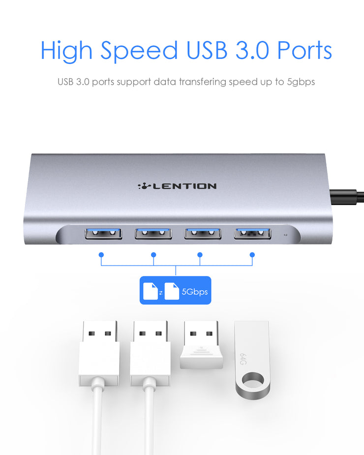 LENTION 6 in 1 Long Cable USB-C Hub with 4K HDMI, 4 USB 3.0, and PD (CB-C35H)