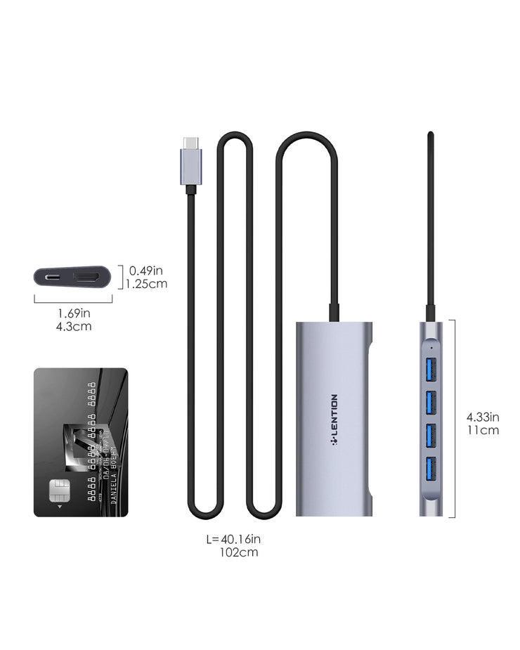 LENTION 6 in 1 Long Cable USB-C Hub with 4K HDMI, 4 USB 3.0, and PD (CB-C35H)