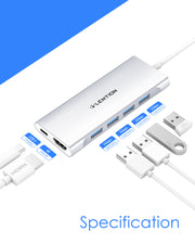 LENTION 6 in 1 Long Cable USB-C Hub with 4K HDMI, 4 USB 3.0, and PD (CB-C35H)