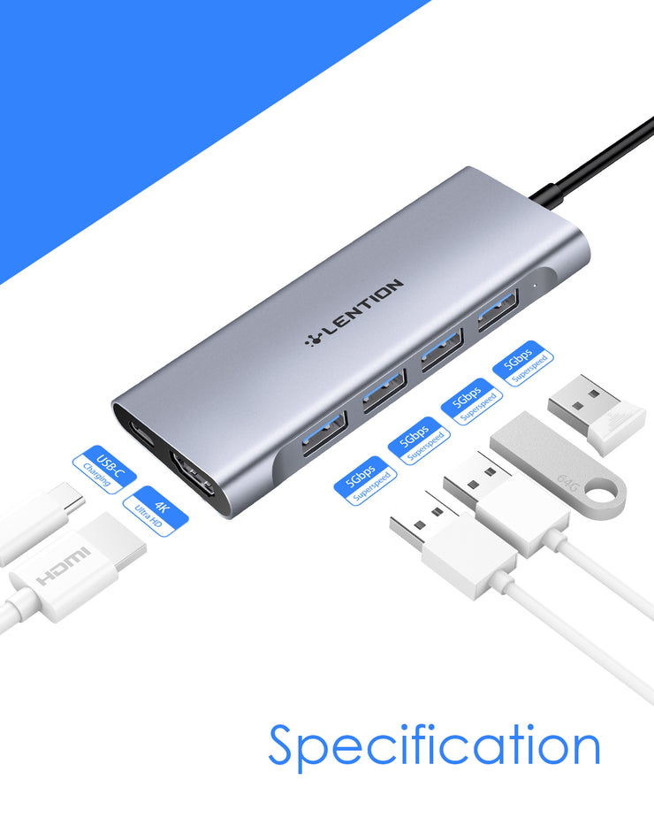 LENTION 6 in 1 Long Cable USB-C Hub with 4K HDMI, 4 USB 3.0, and PD (CB-C35H)