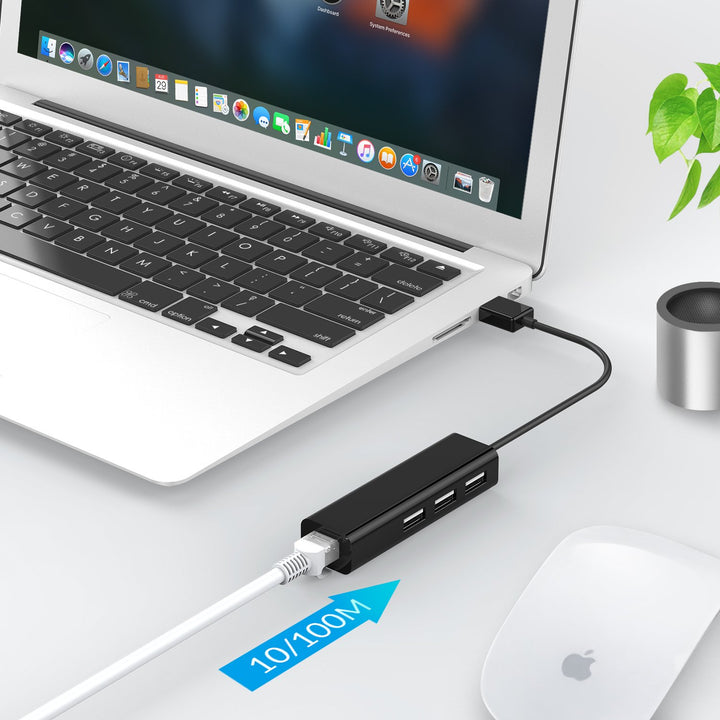 LENTION USB-A to 3 USB 2.0 Ports Hub with RJ45 LAN Adapter | Part Number: USB-HUB | Lention.com