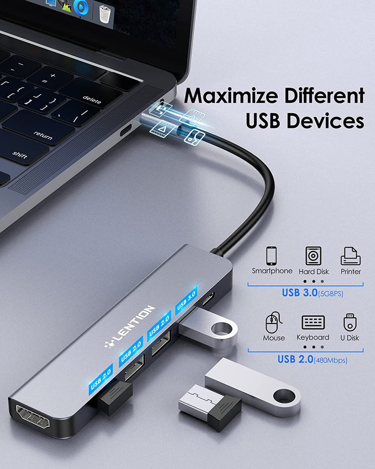 LENTION Hub USB C 4 en 1 Adaptateur USB C vers USB 3.0 USB 2.0 100WPD Hub  Multiport Compatible avec Mac Air 2023-2018 & MacBook Pro 2023-2016, iPhone
